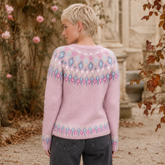 Retro del maglione donna rosa con carré geometrico e fondo a costine decorato