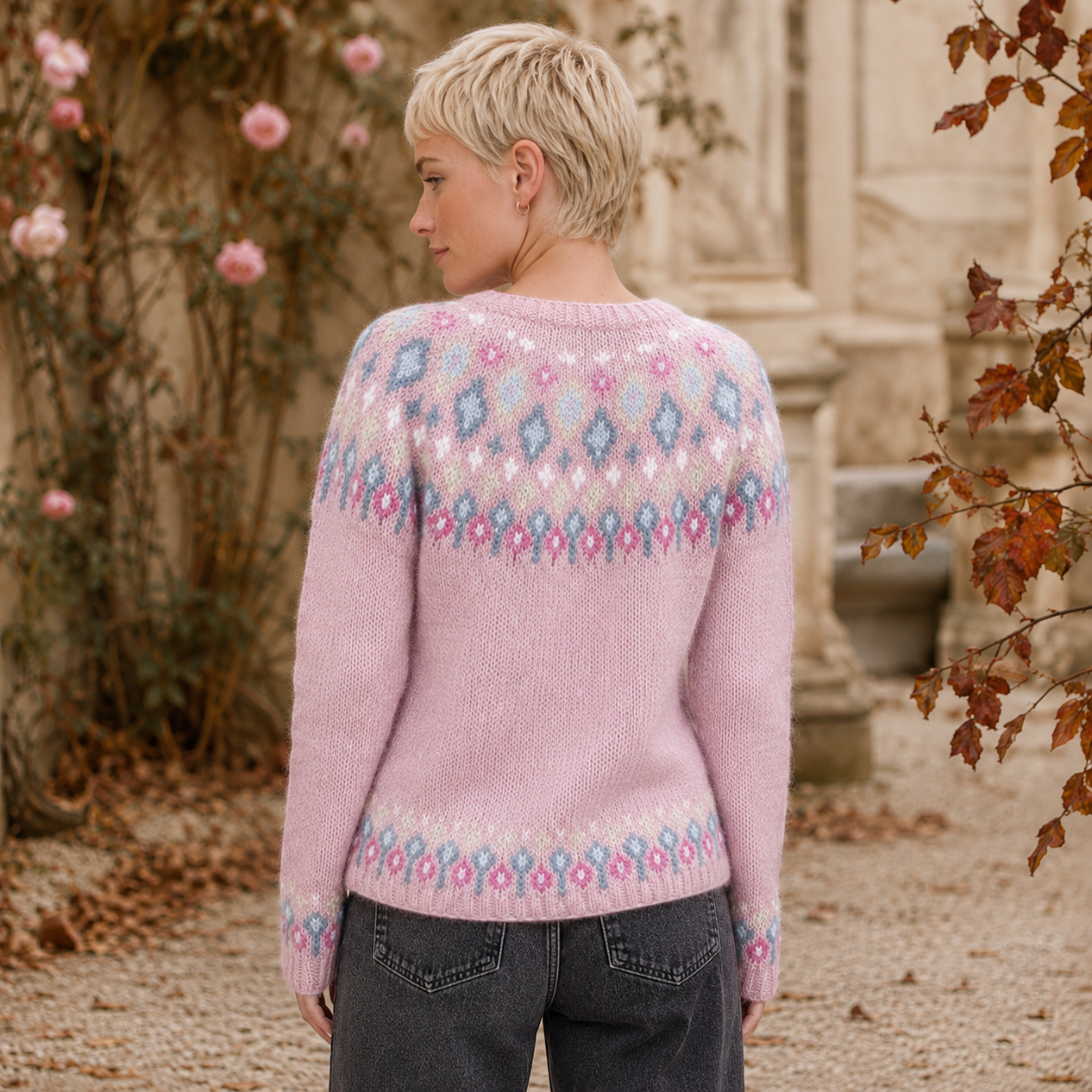 Retro del maglione donna rosa con carré geometrico e fondo a costine decorato