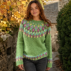 Maglione verde donna con carré jacquard geometrico e polsini a motivo coordinato