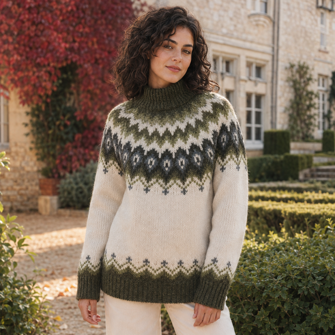 Maglione beige con jacquard verde, collo alto a coste e bordo decorato sul fondo