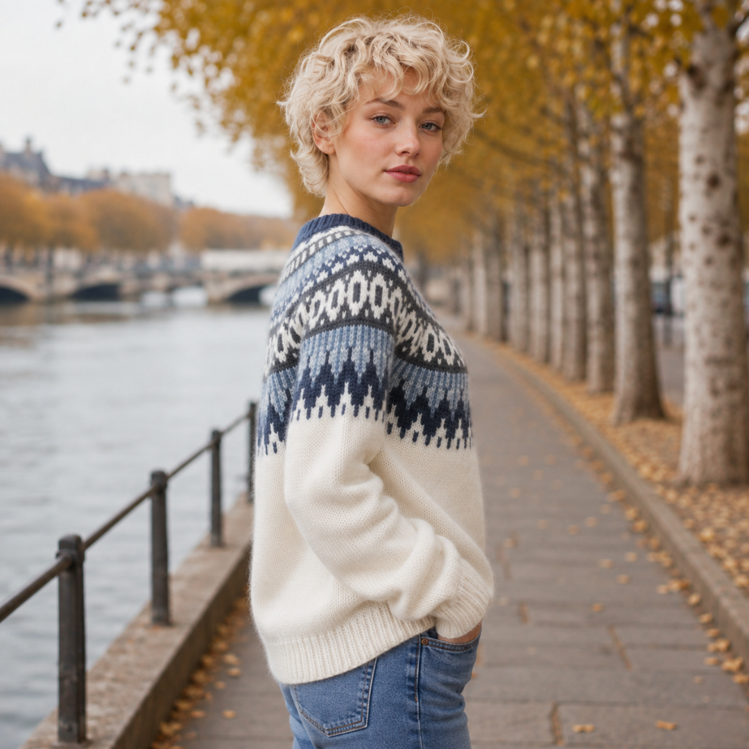 Vista laterale del maglione bianco con sprone jacquard blu e polsi a coste