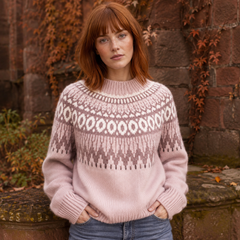 Maglione rosa con motivo jacquard nordico bianco e marrone, polsi a coste