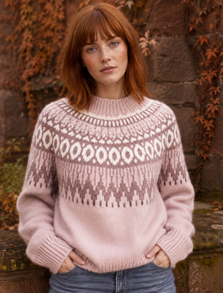 Maglione rosa con motivo jacquard nordico bianco e marrone, polsi a coste