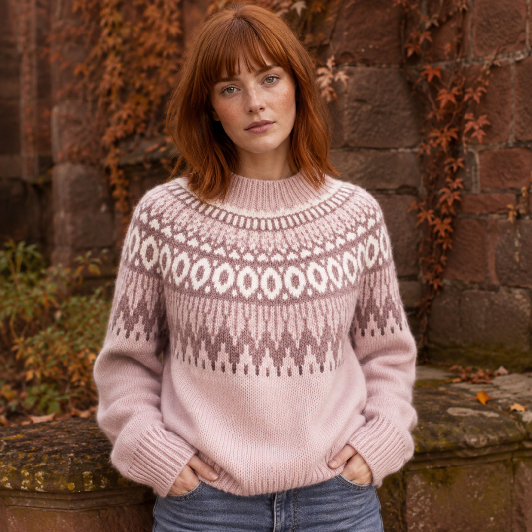 Maglione rosa con motivo jacquard nordico bianco e marrone, polsi a coste