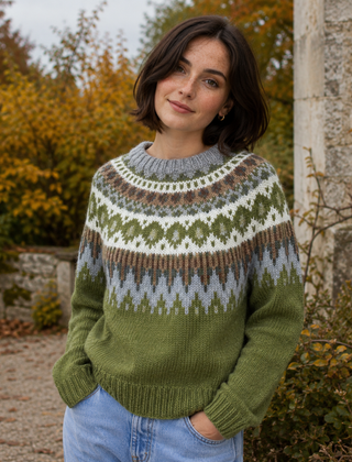 Maglione verde con sprone jacquard grigio e bianco e girocollo a coste