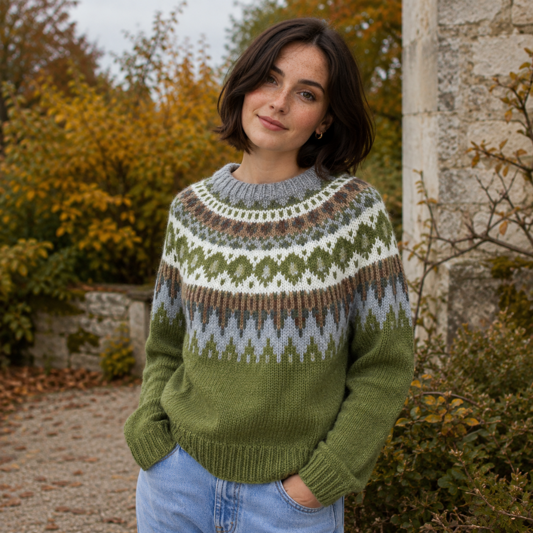 Maglione verde con sprone jacquard grigio e bianco e girocollo a coste