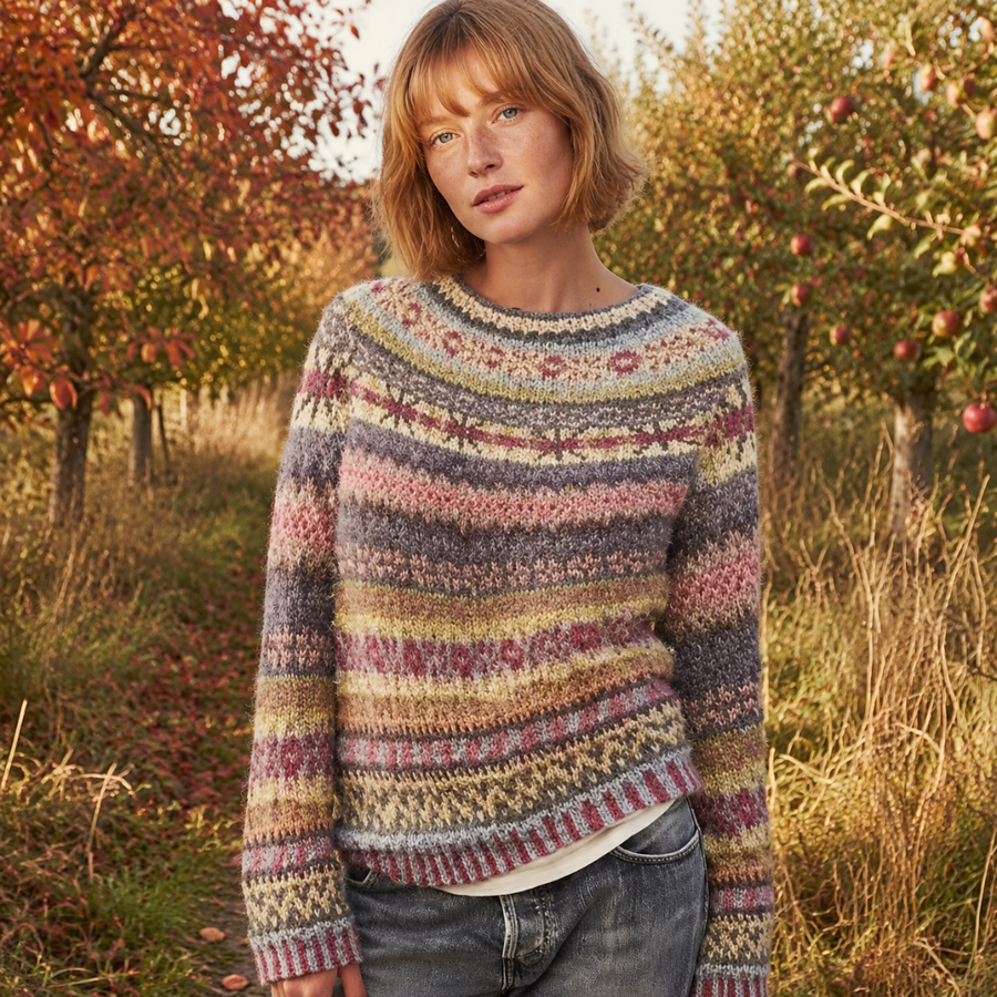 Maglione donna multicolore con motivo jacquard a fasce e girocollo a coste