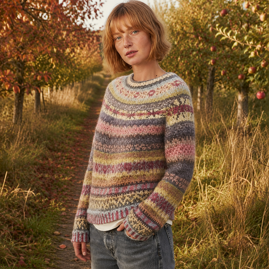 Maglione multicolore visto di tre quarti con polsi a coste e maniche lunghe