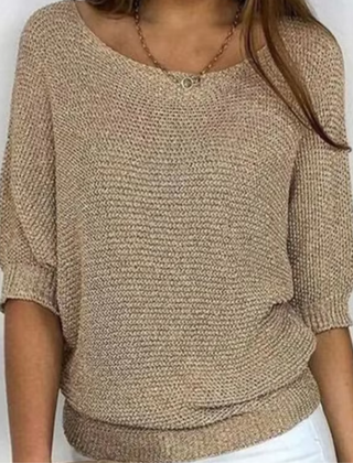 Maglione donna beige in maglia a trama larga con scollo ampio arrotondato