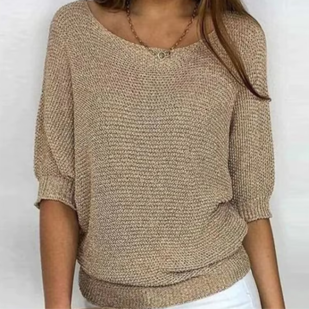 Maglione donna beige in maglia a trama larga con scollo ampio arrotondato