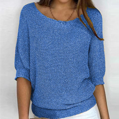 Maglione donna blu in maglia a trama larga con scollo ampio arrotondato
