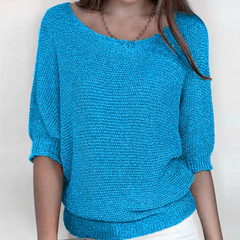 Maglione donna celeste in maglia a trama larga con scollo ampio e fascia a coste