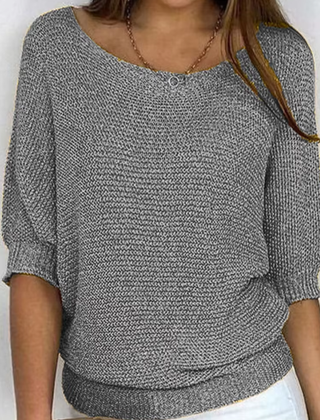 Maglione donna grigio in maglia a trama larga con scollo ampio e polsini a coste