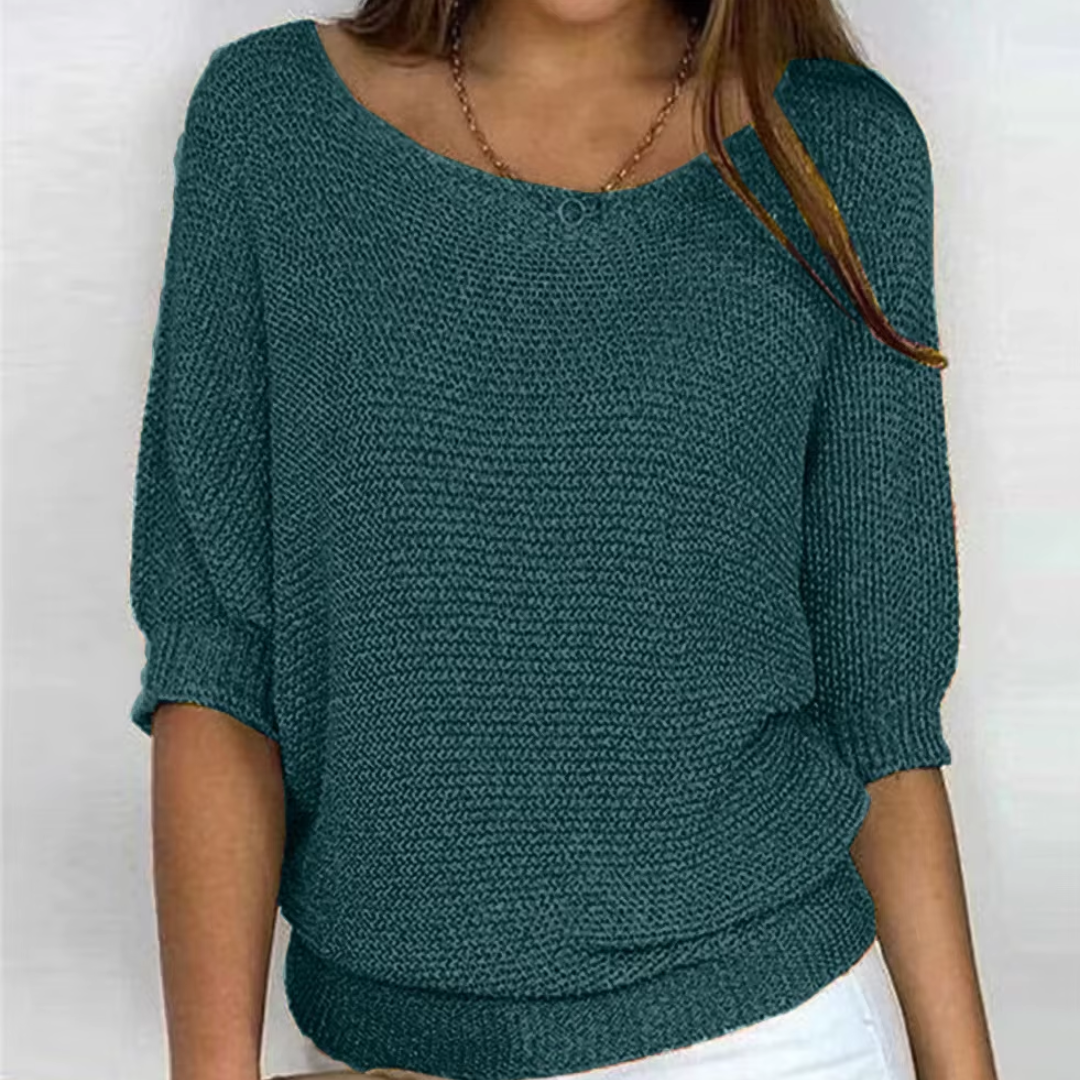 Maglione donna verde scuro con scollo ampio arrotondato e maniche a pipistrello