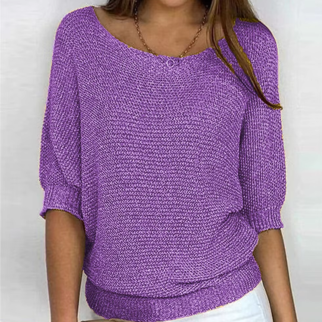 Maglione donna viola con maniche a pipistrello e bordo inferiore a coste