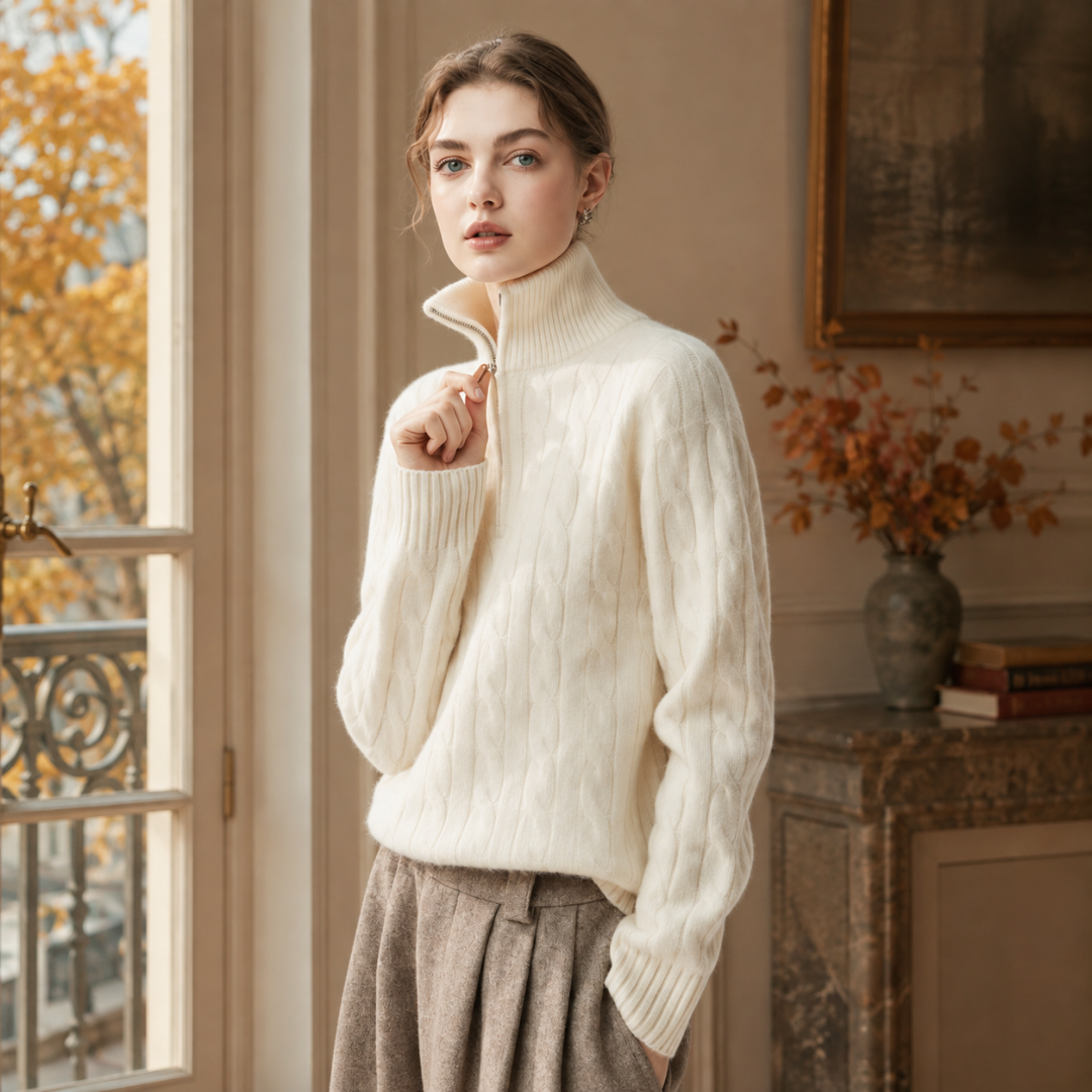 Maglione donna bianco a trecce con collo alto e mezza zip aperta