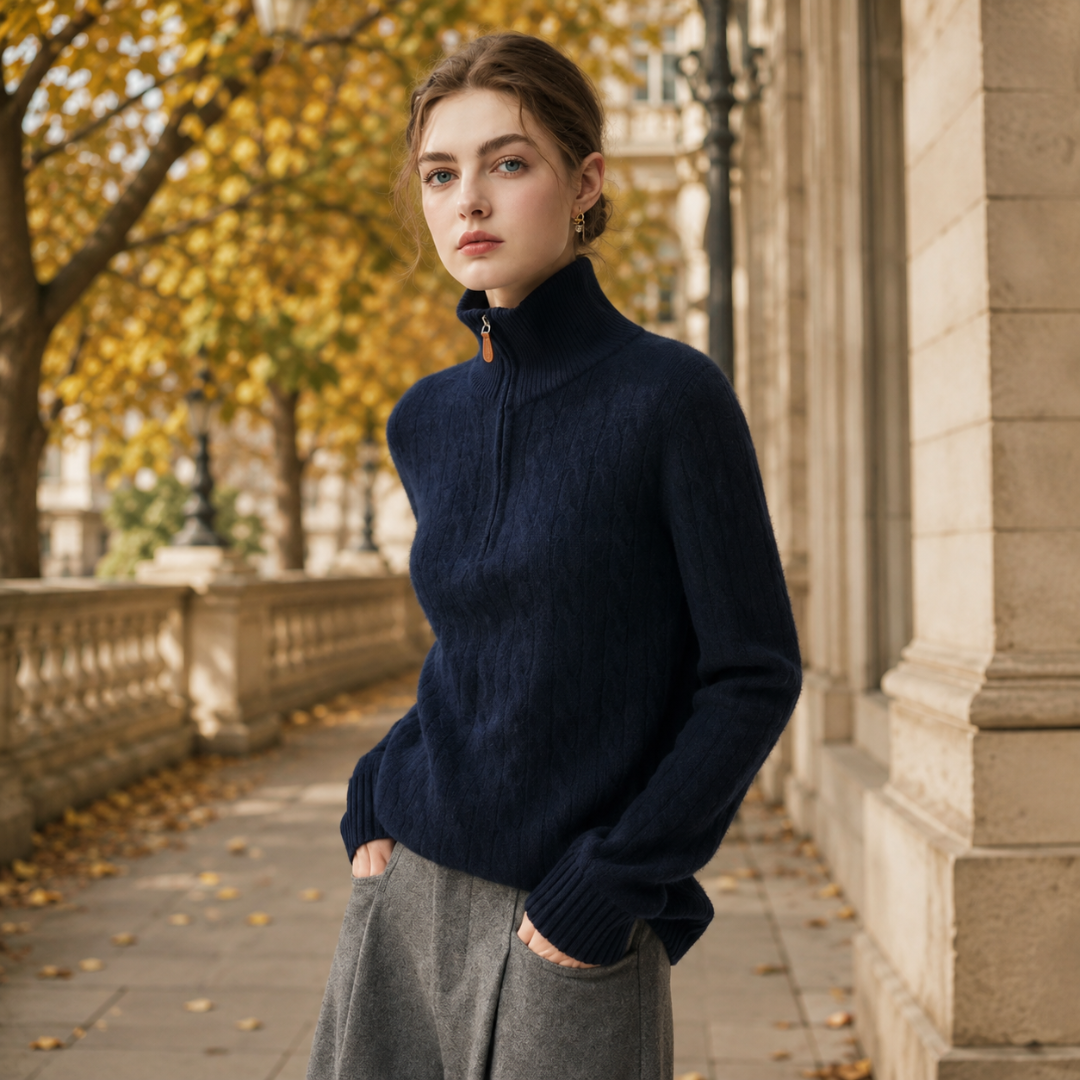 Maglione donna blu navy con mezza zip e maglia intrecciata sul davanti