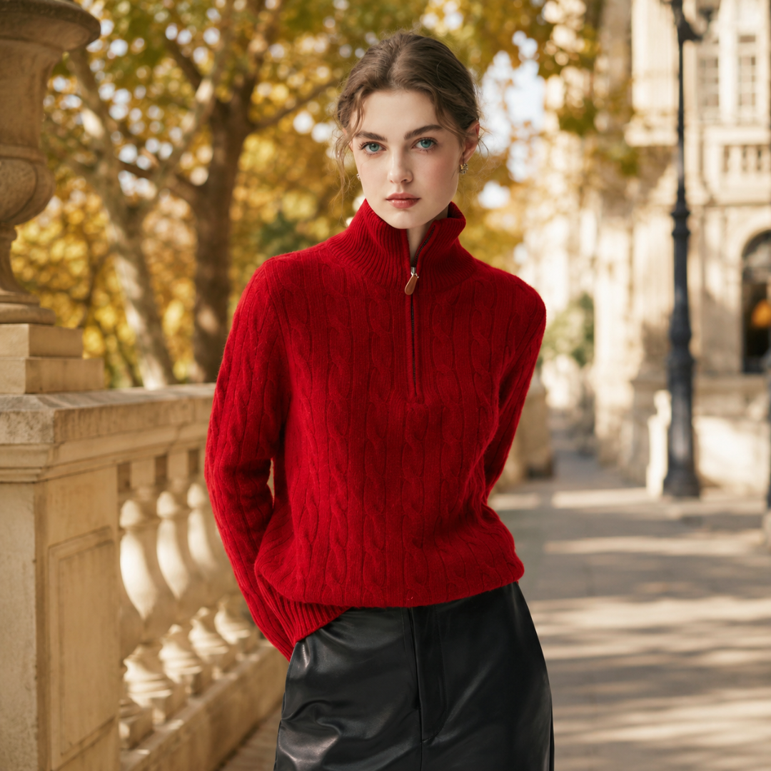 Maglione donna rosso a maglia intrecciata con collo alto e mezza zip aperta