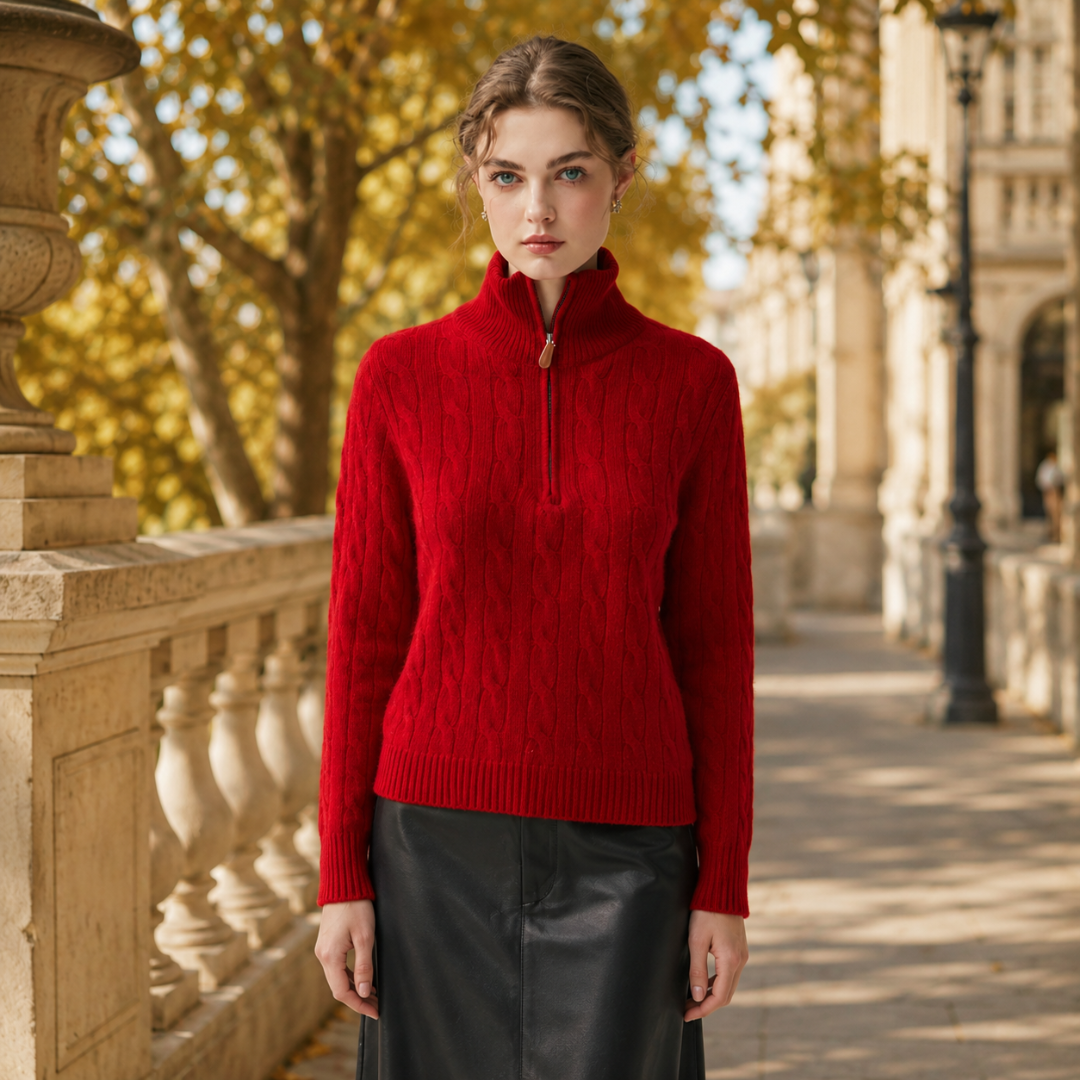 Maglione rosso donna visto di fronte con trecce verticali e fondo a coste