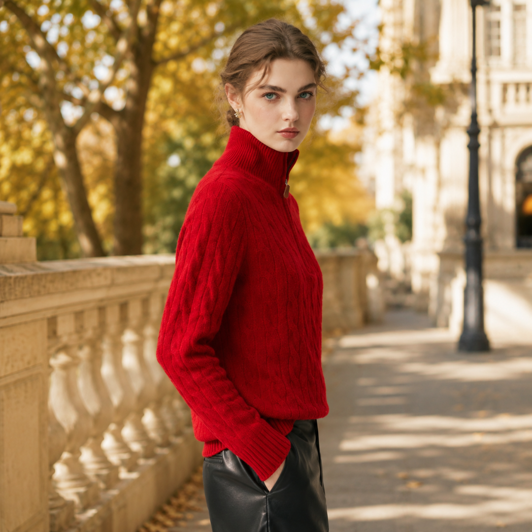 Maglione donna rosso di lato con maniche lunghe e polsini a coste