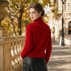 Retro del maglione rosso a maglia intrecciata con collo alto rialzato
