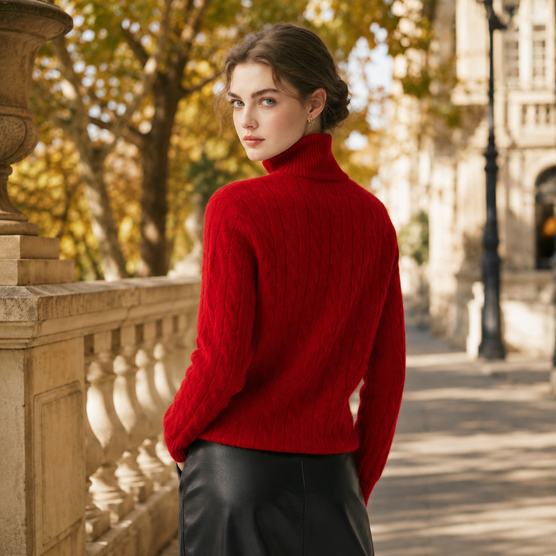 Retro del maglione rosso a maglia intrecciata con collo alto rialzato