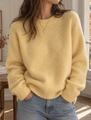 Maglione donna giallo oversize a girocollo con bordi a coste ai polsini