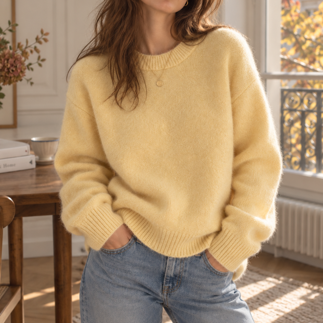 Maglione giallo a girocollo con spalle scese e fondo a coste, vista frontale