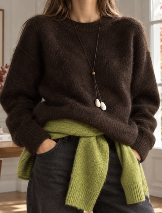 Maglione donna marrone oversize a girocollo con polsini a coste e spalle scese