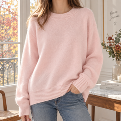 Maglione donna rosa oversize a girocollo con ampio bordo a coste sul fondo