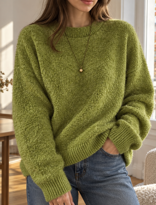 Maglione donna verde oversize a girocollo con maniche lunghe e fondo a coste