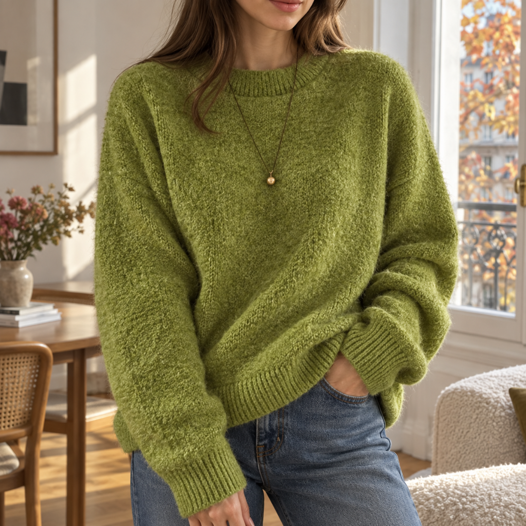 Maglione donna verde oversize a girocollo con maniche lunghe e fondo a coste