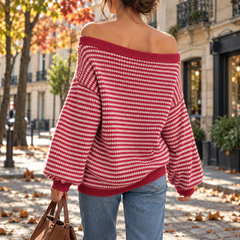 Retro del maglione donna rosso a righe con bordo a coste sul fondo