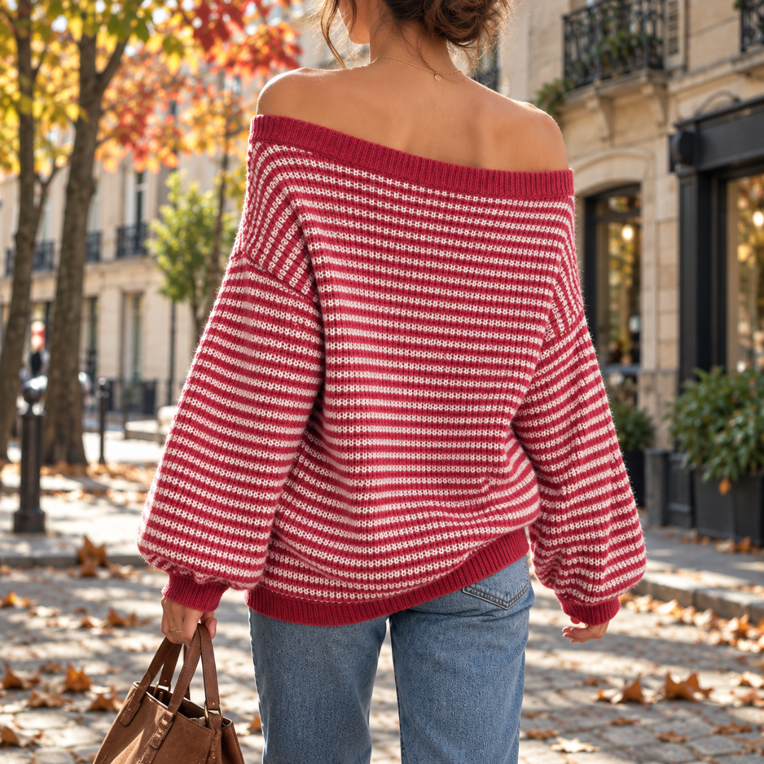 Retro del maglione donna rosso a righe con bordo a coste sul fondo