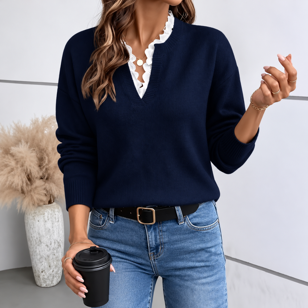 Maglione donna blu navy con scollatura a V bordata di bianco e maniche lunghe