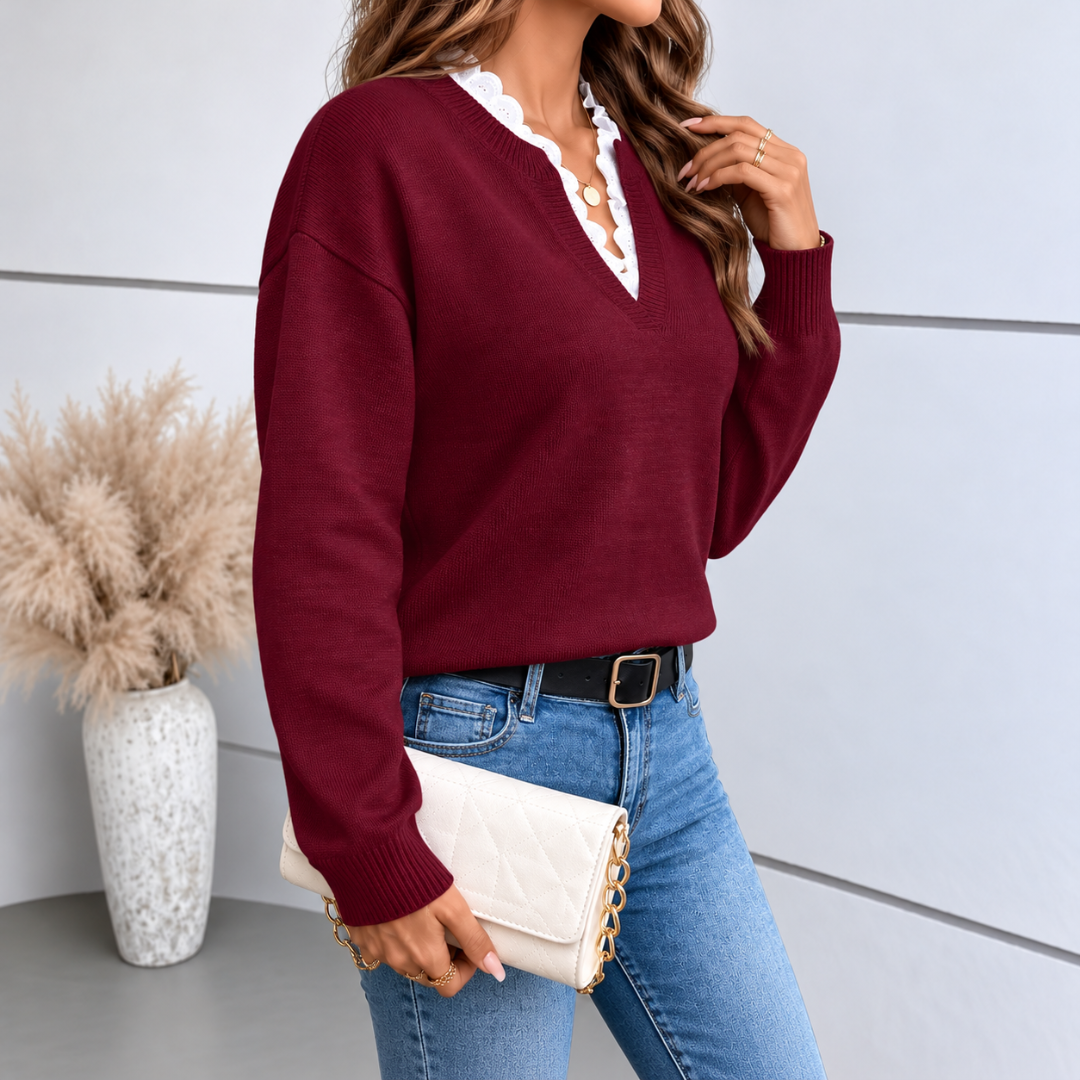 Maglione donna bordeaux di lato, maniche lunghe e fondo a coste