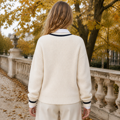 Retro del maglione donna beige in maglia a coste con bordo collo a contrasto