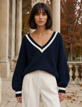 Maglione donna blu navy con scollo a V profondo e riga bianca a contrasto