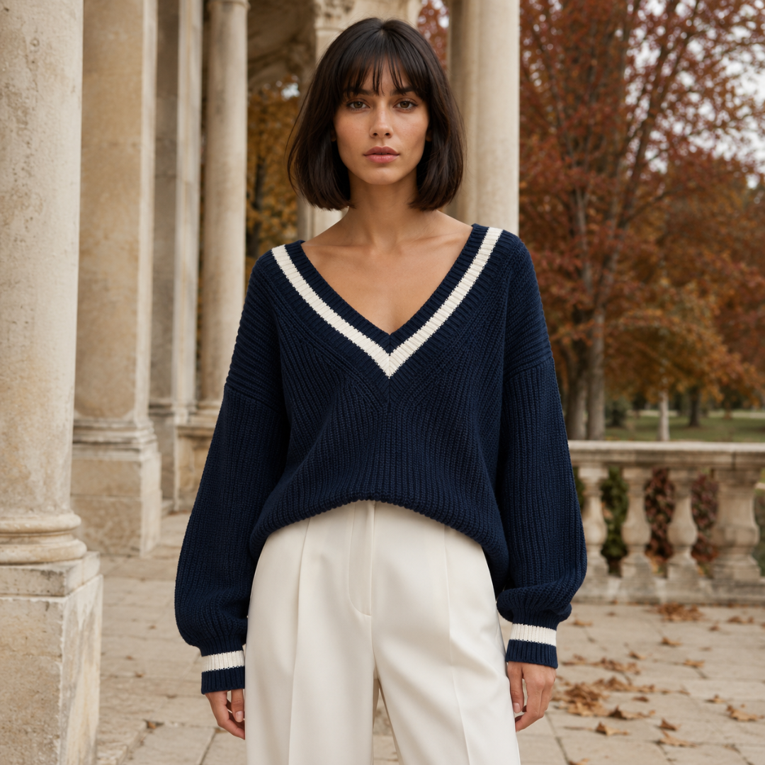 Maglione donna blu navy con scollo a V profondo e riga bianca a contrasto