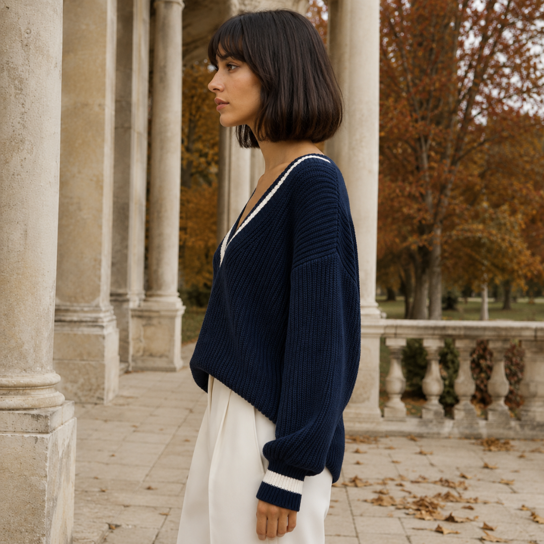 Profilo del maglione blu navy in maglia a coste con polsino rigato bianco
