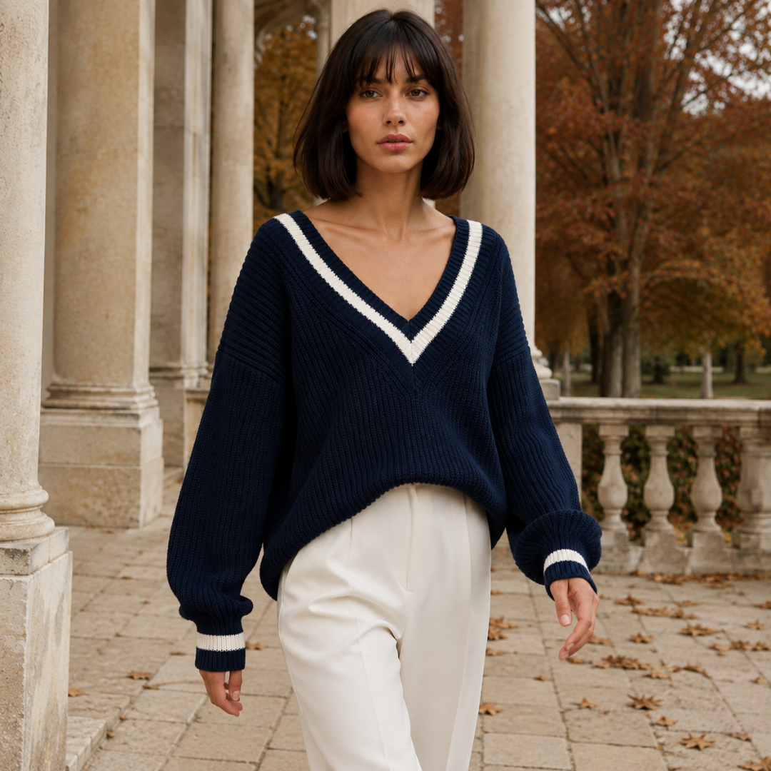 Maglione blu navy abbinato a pantaloni bianchi, scollo a V con bordi bianchi