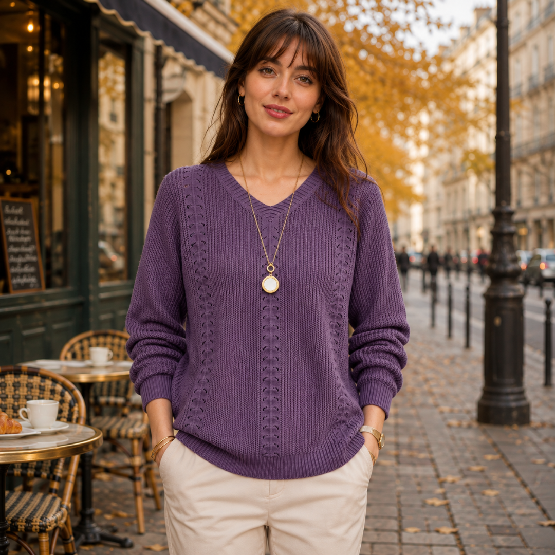 Maglione viola in maglia a coste con maniche lunghe e polsini a coste