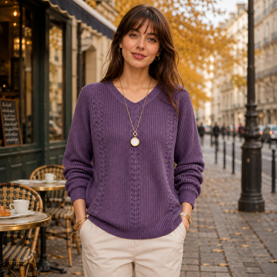 Maglione viola in maglia a coste con maniche lunghe e polsini a coste