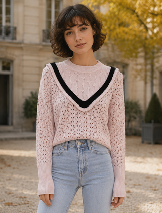 Maglione donna rosa in maglia traforata con girocollo a coste e V nero