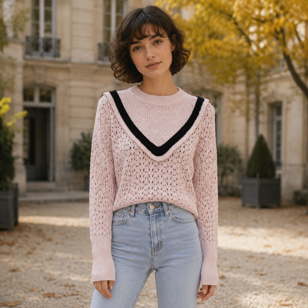 Maglione donna rosa in maglia traforata con girocollo a coste e V nero