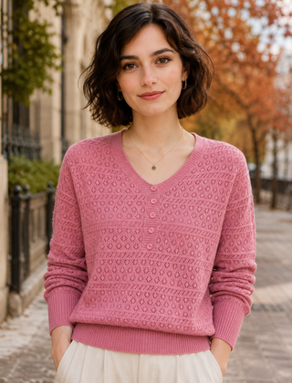 Maglione donna rosa intenso in maglia traforata con bottoni tono su tono