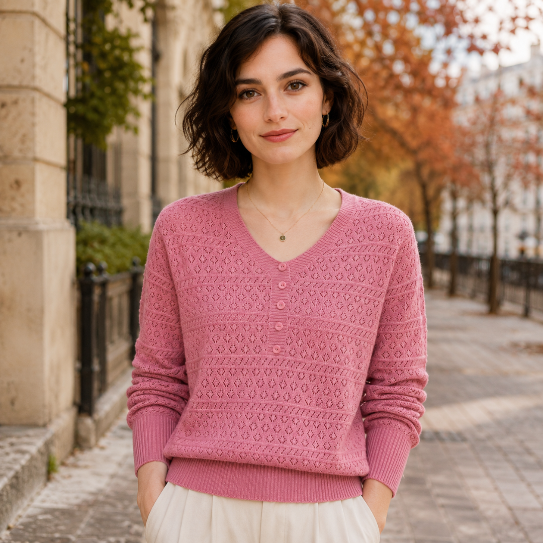 Maglione donna rosa intenso in maglia traforata con bottoni tono su tono