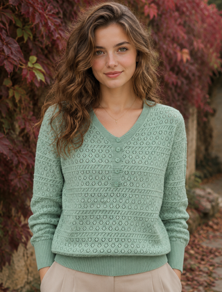 Maglione donna verde salvia in maglia traforata con corta abbottonatura centrale