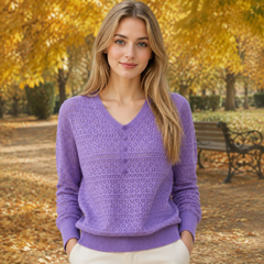 Maglione donna viola traforato con scollo a V e bordi a coste