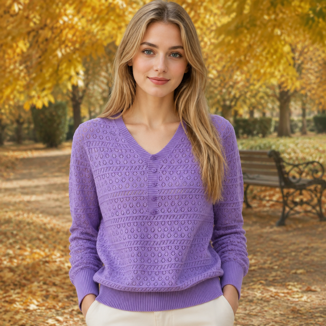 Maglione donna viola traforato con scollo a V e bordi a coste